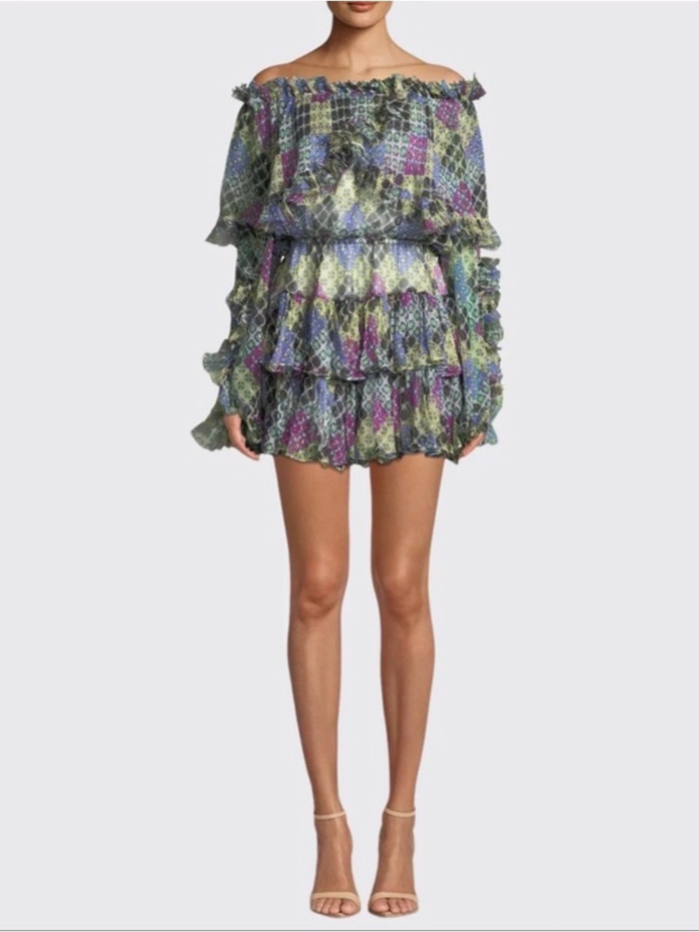 Off-Shoulder Tiered Mini Dress in Green and Purple Print